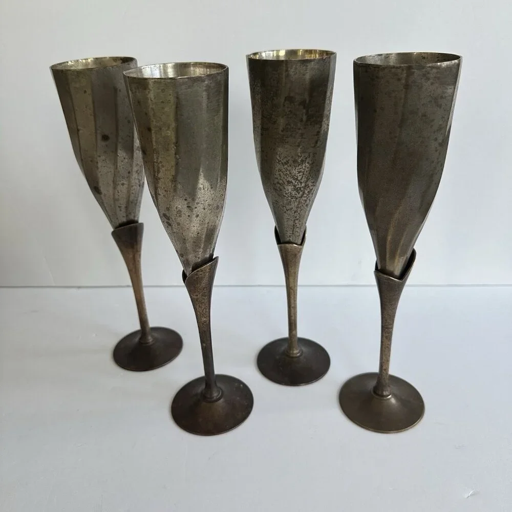 Set Of 4 Vintage Silver Plated&Brass? Stemmed‎ Tulip Champagne Toasting Flutes